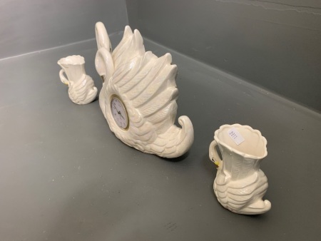 Ceramic Swans w Clock + 2 Matching Vases