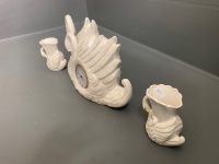 Ceramic Swans w Clock + 2 Matching Vases