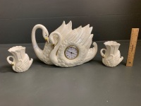 Ceramic Swans w Clock + 2 Matching Vases - 2