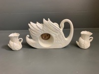 Ceramic Swans w Clock + 2 Matching Vases - 4