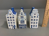 3 x Blue and White Delfts Ceramic Handpainted Miniature Houses