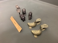 Collection of Small Animal Figures inc. 2 Brass Fish, 3 Timber Elephants and 1 Hallmarked Silver (filled) Owl - 2