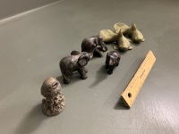 Collection of Small Animal Figures inc. 2 Brass Fish, 3 Timber Elephants and 1 Hallmarked Silver (filled) Owl - 3