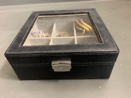 Leather and Perspex Jewellery Display Box w Assorted Jewellery