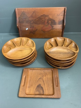 Lot of 10 Teak Oyster Trays and 1 Teak Cheese Platter + Decorated Timber Serving Tray