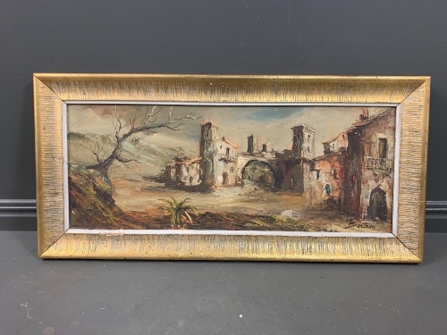 Gilt Framed Oil On Board Depicting City Entrance - Signed Bertran - (as is)