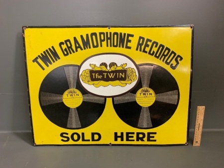 Large Original Enamelled Steel Advertising Sign -Twin Gramophone Records Sold Here