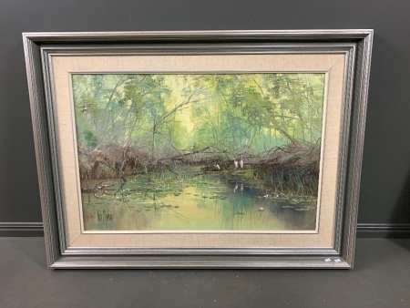 Large Framed Original Oil "Brolgas At Dusk" by John Milenkovic