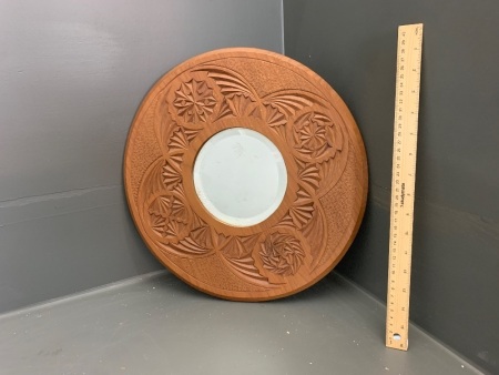 Circular Bevelled Edged Mirror in Hand-Carved Timber Frame C. 1912