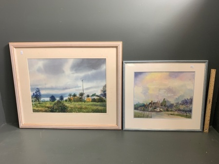 2 Framed Watercolours - Evening Lights + Rain Clouds Over Gilberton by Roy Pye