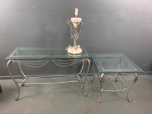 2 Wrought Iron Tables with Glass Tops + Matching Lamp