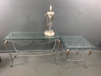 2 Wrought Iron Tables with Glass Tops + Matching Lamp