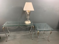 2 Wrought Iron Tables with Glass Tops + Matching Lamp - 2