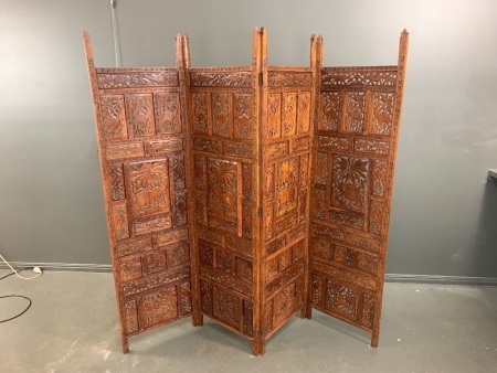 Carved Sandalwood 4 Part Folding Screen Depicting Animals