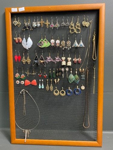 Assorted Costume Jewellery (Earrings & Chains) Mounted on Screen Display