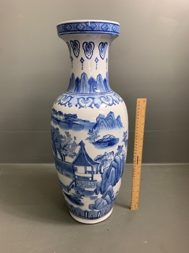 Tall Hand Painted Chinese Blue Vase - Marked to Base