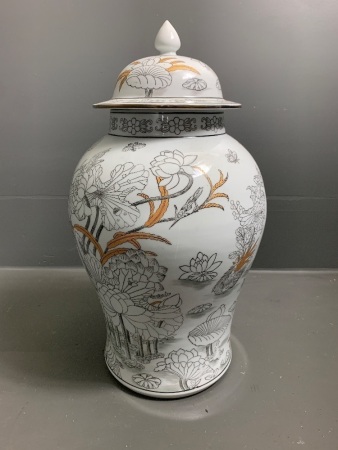 Large Hand Painted Gold Leaf Urn With Lid - Marked To Base