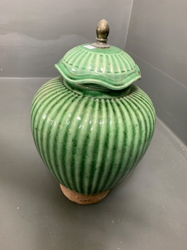 Green Lidded Indian Urn on Timber Base - Label on Base