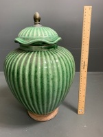 Green Lidded Indian Urn on Timber Base - Label on Base - 2