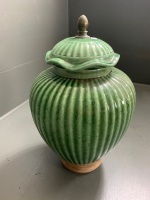 Green Lidded Indian Urn on Timber Base - Label on Base - 3