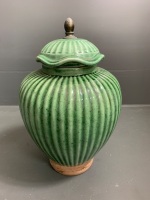 Green Lidded Indian Urn on Timber Base - Label on Base - 4