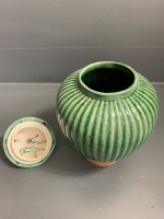 Green Lidded Indian Urn on Timber Base - Label on Base - 5