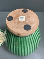 Green Lidded Indian Urn on Timber Base - Label on Base - 6