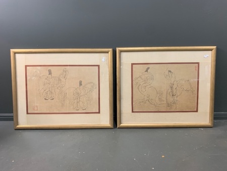 2 Gilt Framed Korean Drawings on Silk - Warriors on Horseback - Pre WW1