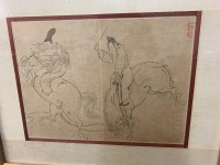 2 Gilt Framed Korean Drawings on Silk - Warriors on Horseback - Pre WW1 - 2