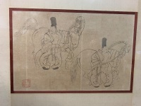 2 Gilt Framed Korean Drawings on Silk - Warriors on Horseback - Pre WW1 - 3