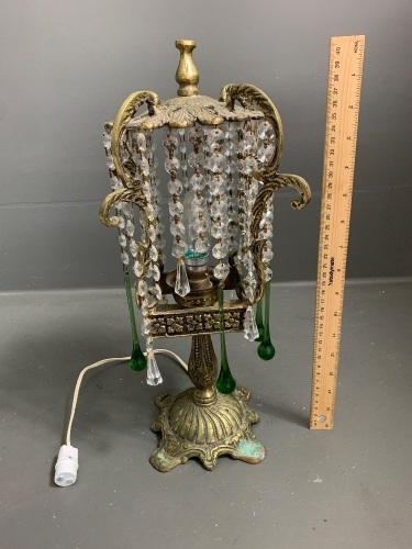 Decorative Brass Lamp with Clear and Green Glass Droppers (as is)