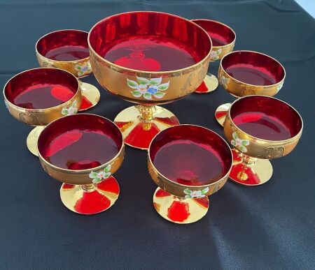 Murano Venetian Glassware set consisting of 1 x Compote dish and 8 x serving dishes - Never used