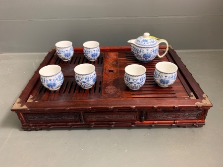 Asian Tea Drinking Set - 6 Blue and White Double Walled Cups and Teapot (Marked to Base) on Carved Rosewood Drainer with Tray