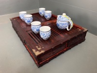 Asian Tea Drinking Set - 6 Blue and White Double Walled Cups and Teapot (Marked to Base) on Carved Rosewood Drainer with Tray - 2