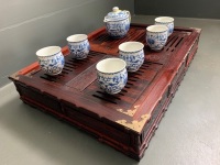 Asian Tea Drinking Set - 6 Blue and White Double Walled Cups and Teapot (Marked to Base) on Carved Rosewood Drainer with Tray - 3