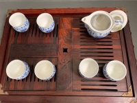 Asian Tea Drinking Set - 6 Blue and White Double Walled Cups and Teapot (Marked to Base) on Carved Rosewood Drainer with Tray - 4