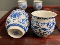 Asian Tea Drinking Set - 6 Blue and White Double Walled Cups and Teapot (Marked to Base) on Carved Rosewood Drainer with Tray - 6