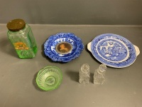 Lot of Glass and Ceramic Items inc. Green Glass and Blue/white Plates