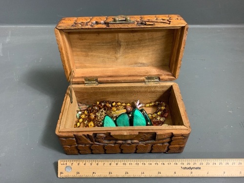 Carved Camphor Laurel Box Containing Assorted Jewellery