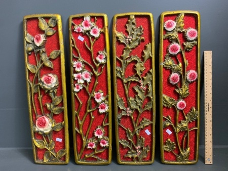 4 x Asian Decorative Cast Wall Hangings - Flower Scene