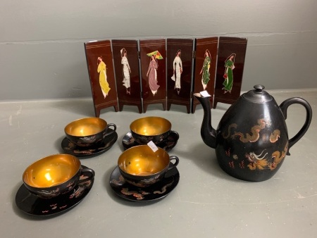 Chinese Lacquerware - inc. Tea Set + Table Top Screen