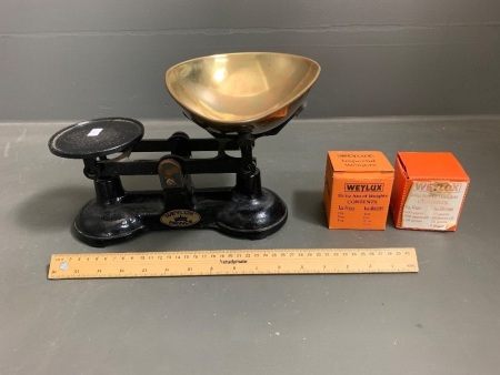 Vintage Weylux Kitchen Scale with Full Set of Imperial and Metric Weights