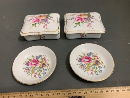 2 Small Royal Worcester Pin Plates + 2 Royal Crown Derby Trinket Containers