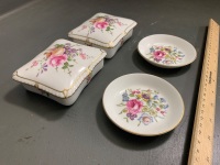 2 Small Royal Worcester Pin Plates + 2 Royal Crown Derby Trinket Containers - 3