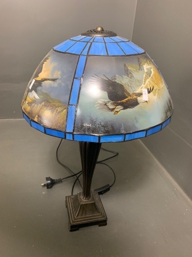 Decorative Lamp Shade with Bald Eagle Scenes - Signed Ted Blaylock - on Brass Coloured Stand