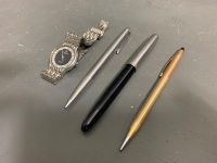 Parker Fountain Pen (Hidden Nib) + Cross Pencil and Perker Pencil + Raymond Weil Watch