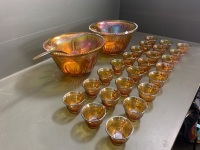 Large Lot of Marigold Carnival Glass inc 2 Punch Bowls and 20 Cups - 2