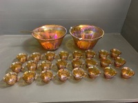 Large Lot of Marigold Carnival Glass inc 2 Punch Bowls and 20 Cups