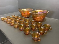 Large Lot of Marigold Carnival Glass inc 2 Punch Bowls and 20 Cups - 3