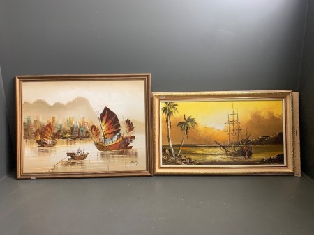 2 Framed Oild on Board - Asian River and Moored at Shore Scene - 1 signed